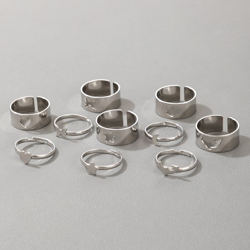Docona Böhmischen Sterne Mond Bunte Ringe für Frauen Männer Neue modisch Hohl Herz Schmetterling Liebhaber Paar Ring Hochzeit Schmuck: 19634-Silber-