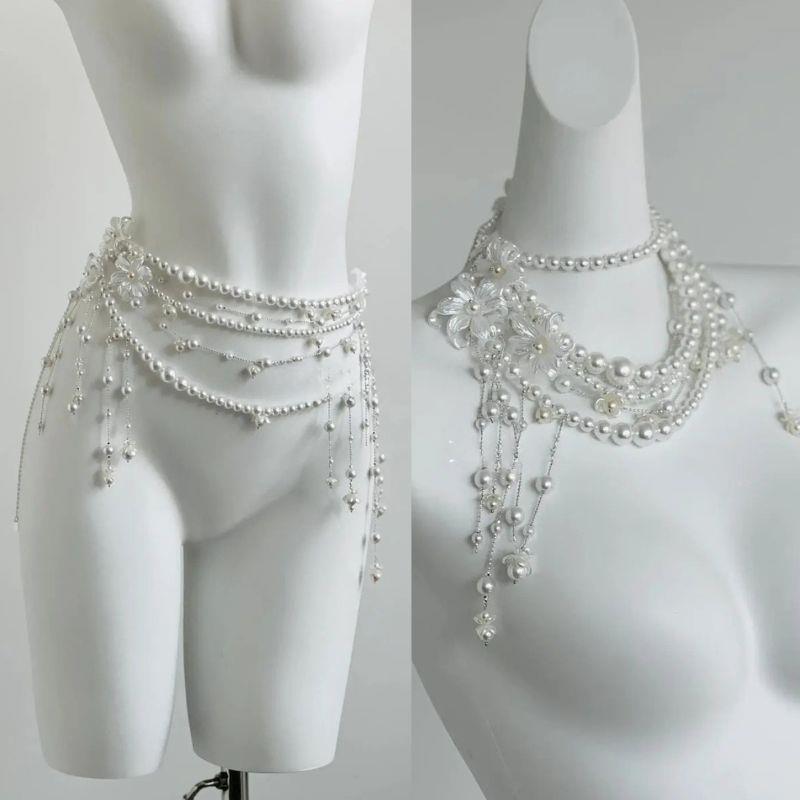 Sexy Geometrische Parel Taille Ketting Voor Vrouwen Bloem Kwastje Dubbellaags Kralen Ketting Riem Streetwear Zomer Mode Lichaam Sieraden