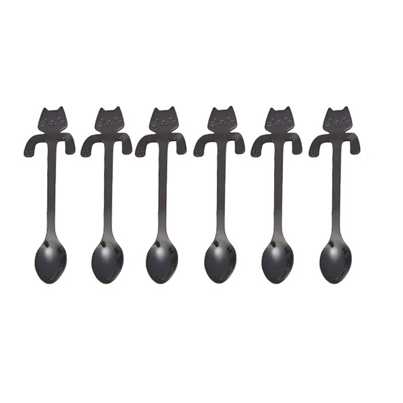 Mini Leuke Koffie Lepel 12 Cm 17 Cm 304 Roestvrij Staal Cartoon Kat Lepel Theelepel Dessert Snack Scoop Melk Lepels servies: Black 12cm 6 PCS