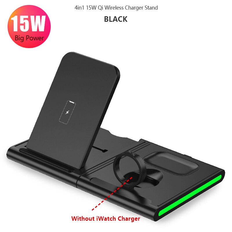 4in1 15W Wireless Charger Splicing Stand Holder for Apple Watch 5 4 3 iPhone 11 Xs Max Airpods Pro/2 Fast Charging for Samsung: Black