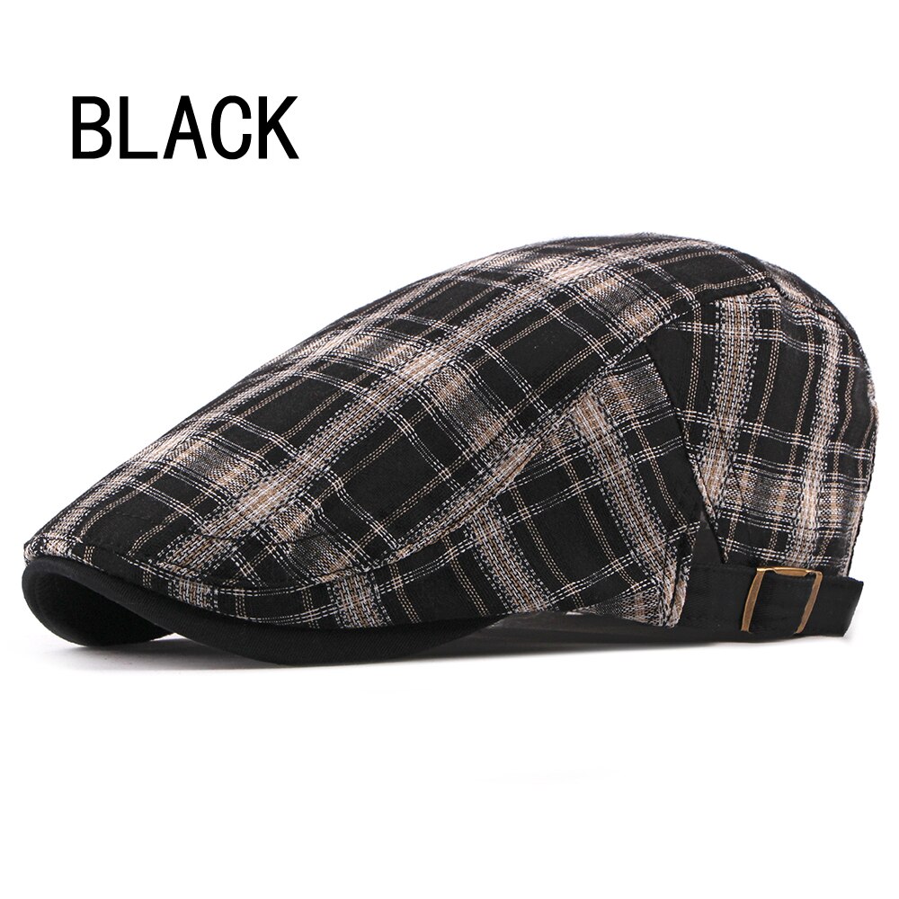 Mode Lente Herfst Hoeden Voor Mannen Casual Katoen Baret Caps Gorras Planas Boinas Plaid Platte Pet Verstelbare Baretten Pet: BLACK