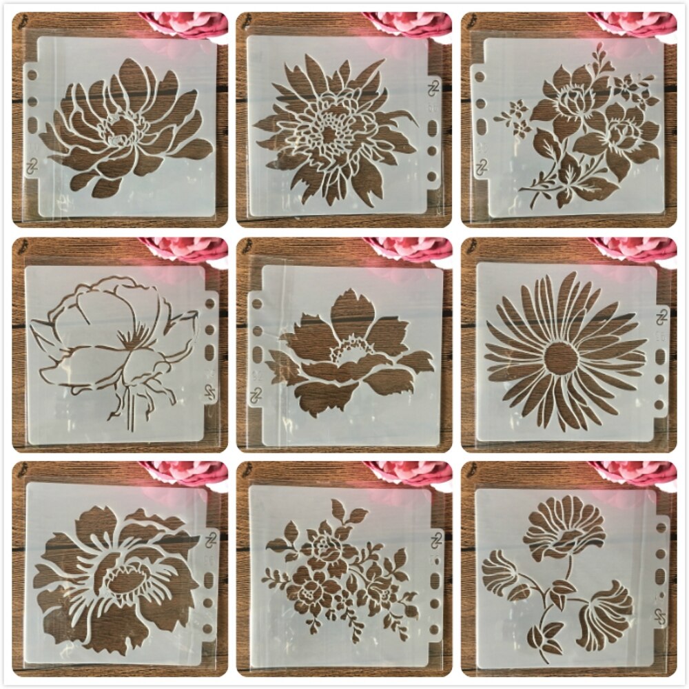 9 Stks/set 14*13Cm Bloemen Diy Gelaagdheid Stencils Muur Schilderen Plakboek Kleuring Embossing Album Decoratieve Kaart Template