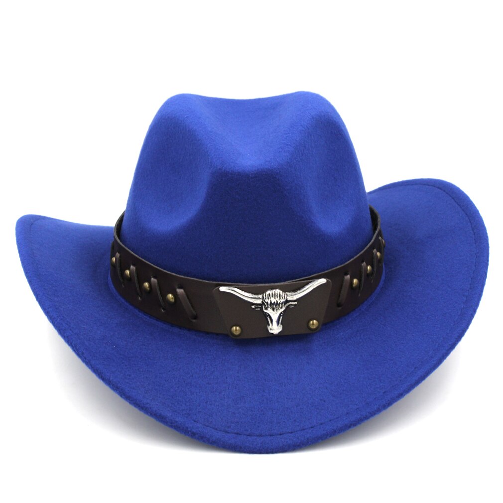 Mistdawn Womem Men Wool Blend Western Cowboy Hat Wide Brim Cowgirl Jazz Sombrero Cap Tauren Leather Band: Blue
