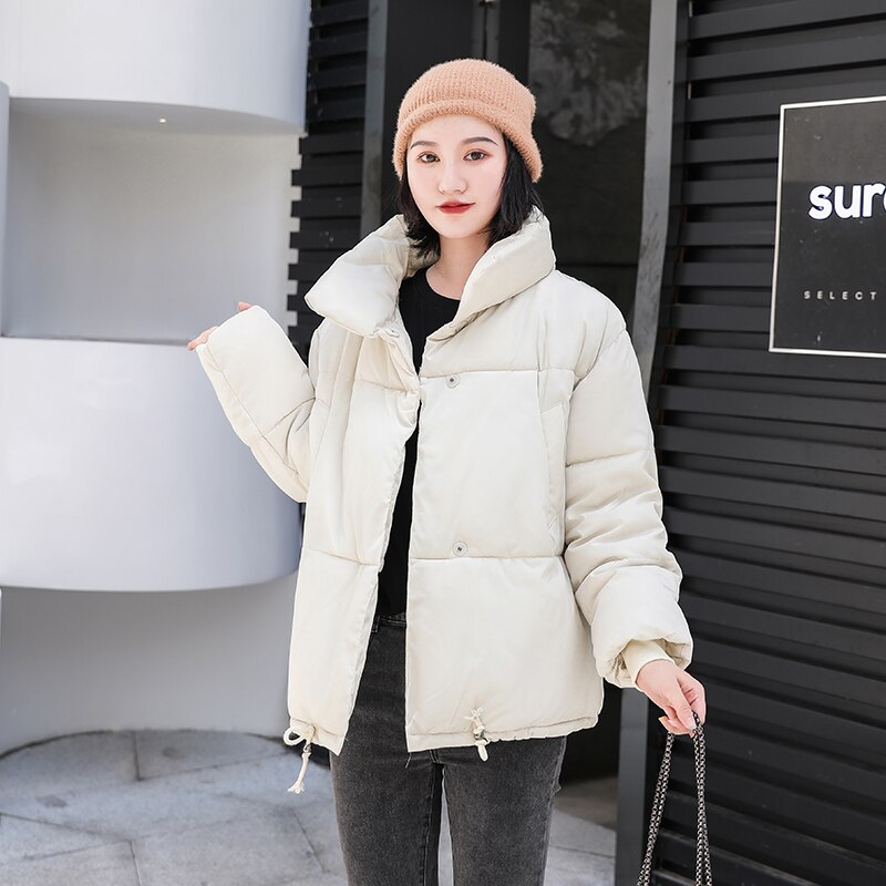 Løse damejakker til vinter koreansk stil solid kvinde parkaer brødjakke stander krave tyk bomuld kvindelig kold frakke outwear: Beige / L