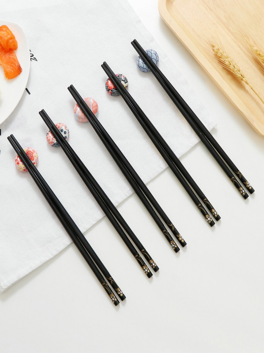 5 par japońskie pałeczki zestaw z pudełkiem zmywarka bezpieczne wielokrotnego użytku chińskie koreańskie pałeczki ze stopu z włókna szklanego robić żywności Sushi: Floral czarny