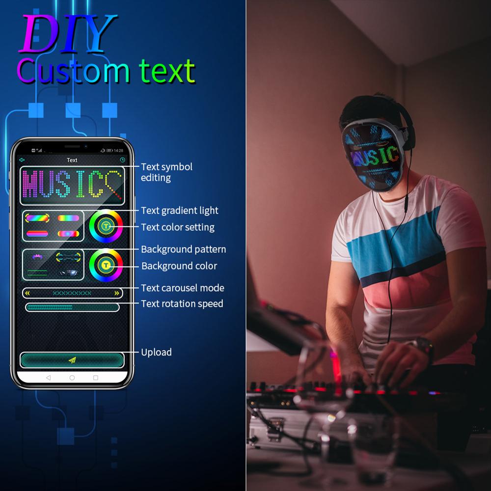 Full color Bluetooth Party LED Lights Up Disco Wine Bar Dynamic Flashing LED Mask, Raves APP Diy Picture Text Photo Upload