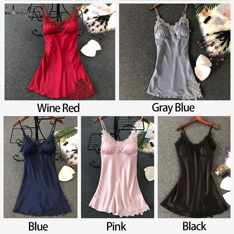 Women Silk Sleepshirts Lace Babydoll Lingerie Satin Chemise Nightgown V Neck Sleepwear Nighty Nightgown wWith Chest Pad Homewear