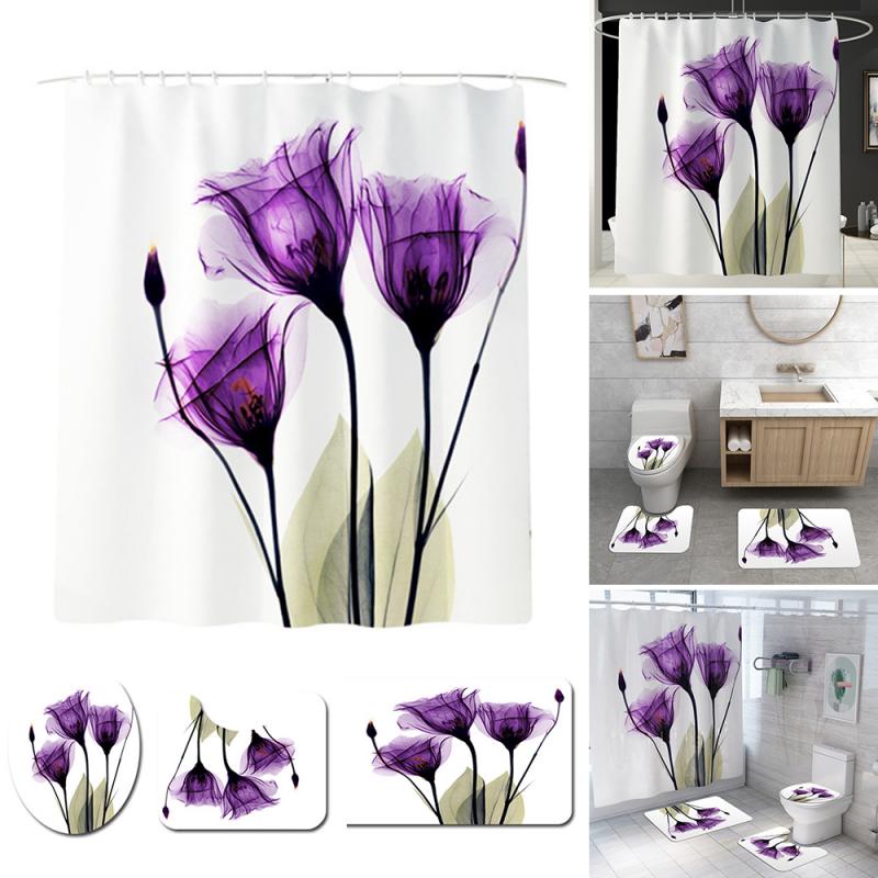 Purple Lotus Shower Curtain Flower Print Shower Curtain Pedestal Rug Lid Toilet Cover Mat Bath Mat Set For Bathroom Decor