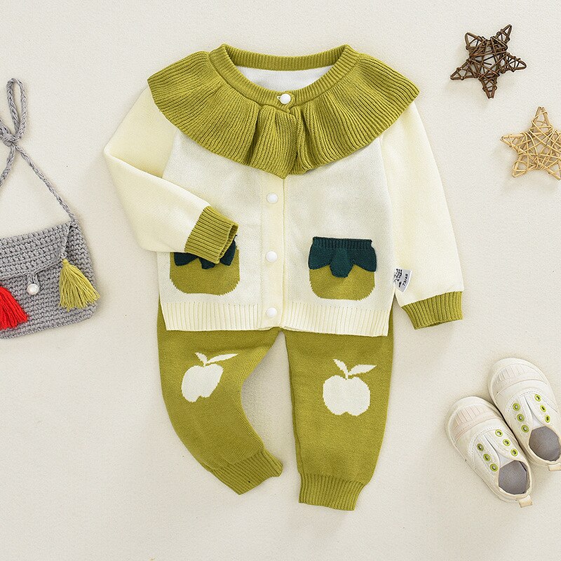 Toddler baby dreng pige sweater sæt tegneserie frugter mønster strikket 2 stk babys cardigan dragter bløde børn tøj spædbarn tøj: Grøn / 80cm
