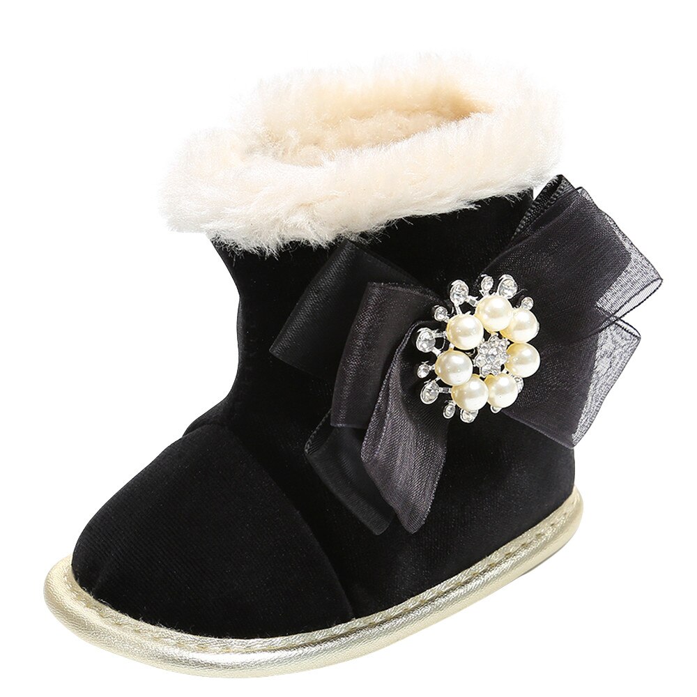 Baby Schoenen Baby Meisje Parel Bloem Warm Houden Pluche Soft Snowboots Zachte Crib Shoe Pasgeboren Booties Bebek Ayakkabi kinderen: Black / 11