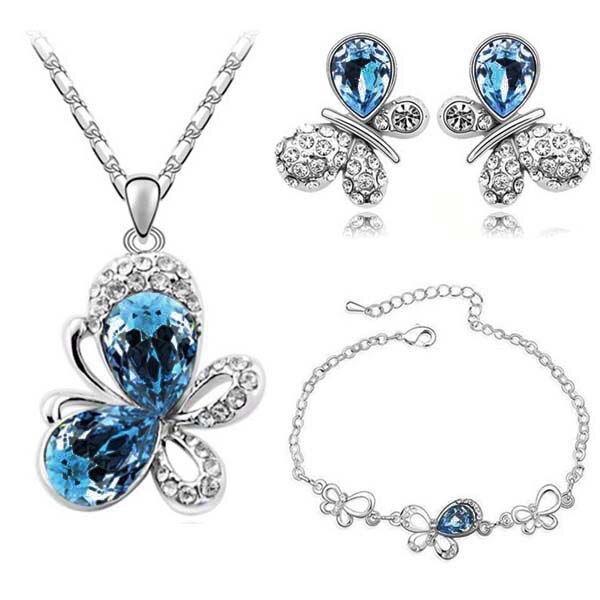 Østrigsk krystal sommerfugl vedhæng smykkesæt halskæde øreringe armbånd tilbehør sød romantisk: Blækblå