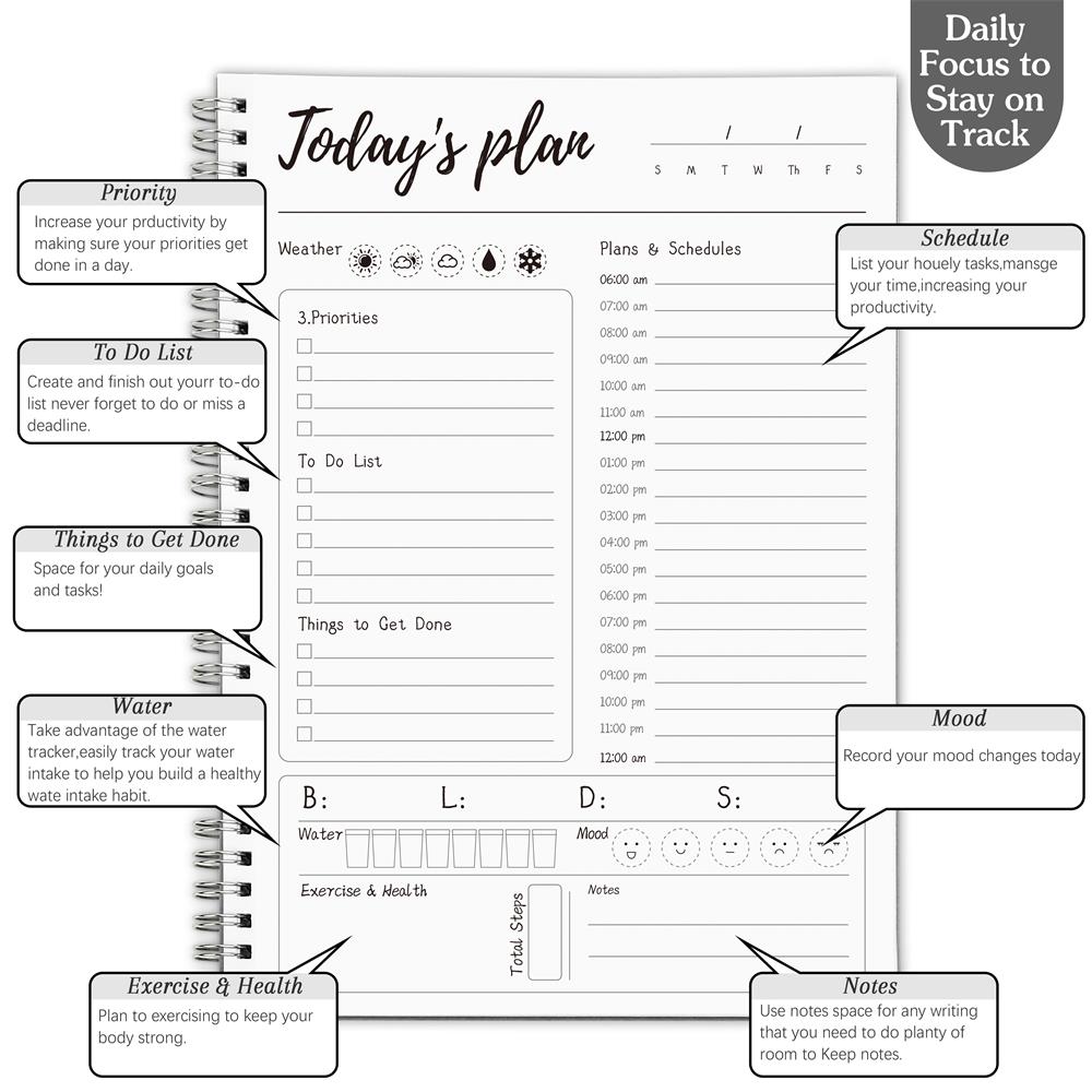Daily Weekly Work Planner Hourly Schedule Appointment Agenda Undated Notebook Journal To Do List Flexible PVC Cover Diary Book