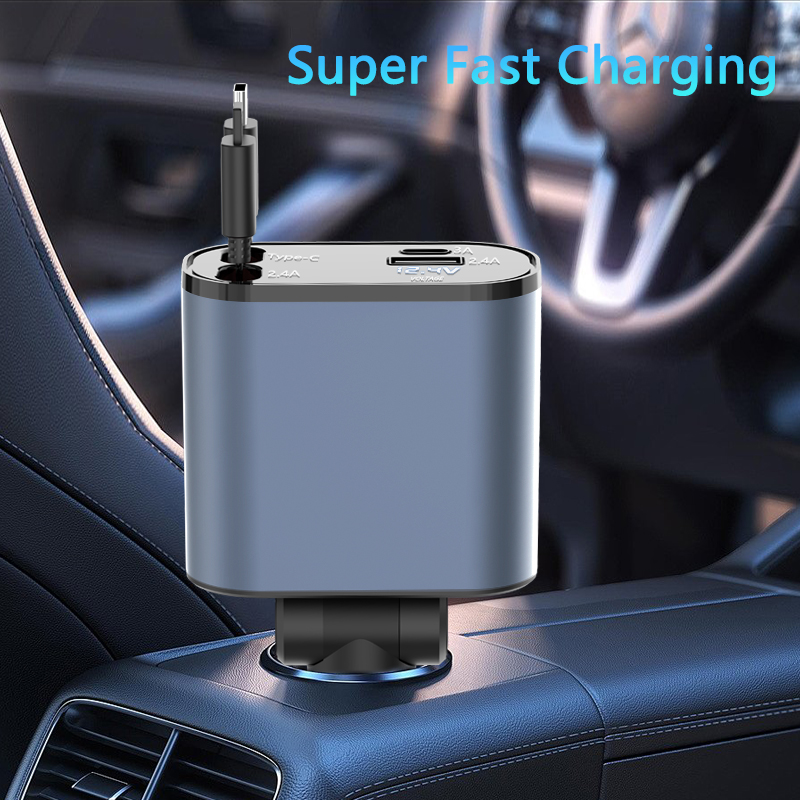 2024 Intrekbare autolader 4in1 Snelle autotelefoonoplader 100 W Intrekbare kabels 2 USB-poorten Autolader voor alle smartphones