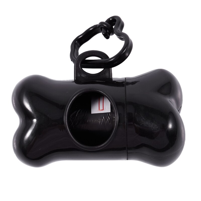 Dispensador de recogida de residuos de mascotas en forma de hueso/caca + 15 bolsas con gancho de anillo para llevar (negro)