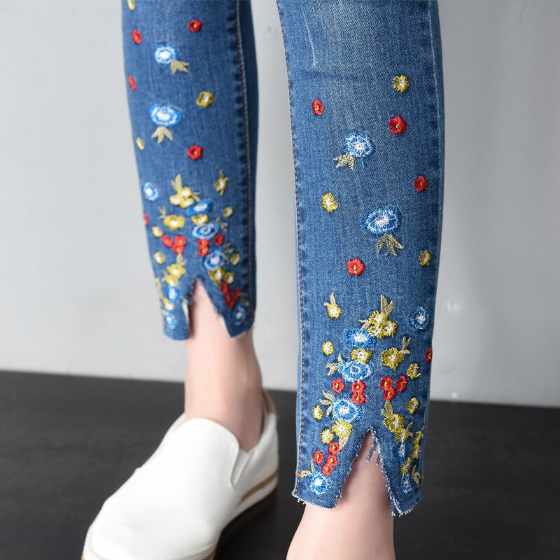Borduurwerk Jeans Vrouwelijke Zomer Stijl Mode Borduren Was Dun Stretch Enkellange Broek Elasticiteit Kleine Jeans Vrouwen