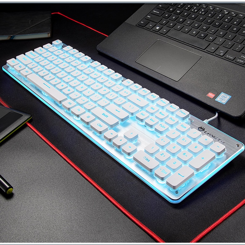 Gaming Keyboard Colorful LED Quiet Keyboard All-Metal Panel USB Wired Anti-ghosting Computer 104 Keys: White-Blue Light