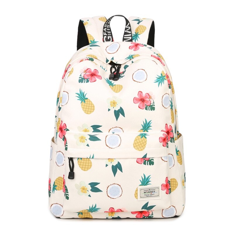 Eenvoudige Kwaliteiten Comfortabele Meisje Waterdicht Polyester Rugzakken Leuke Ananas Printing Vrouwelijke Studenten Rugzak Tas: 30.5cmX13.5cmX42.5cm