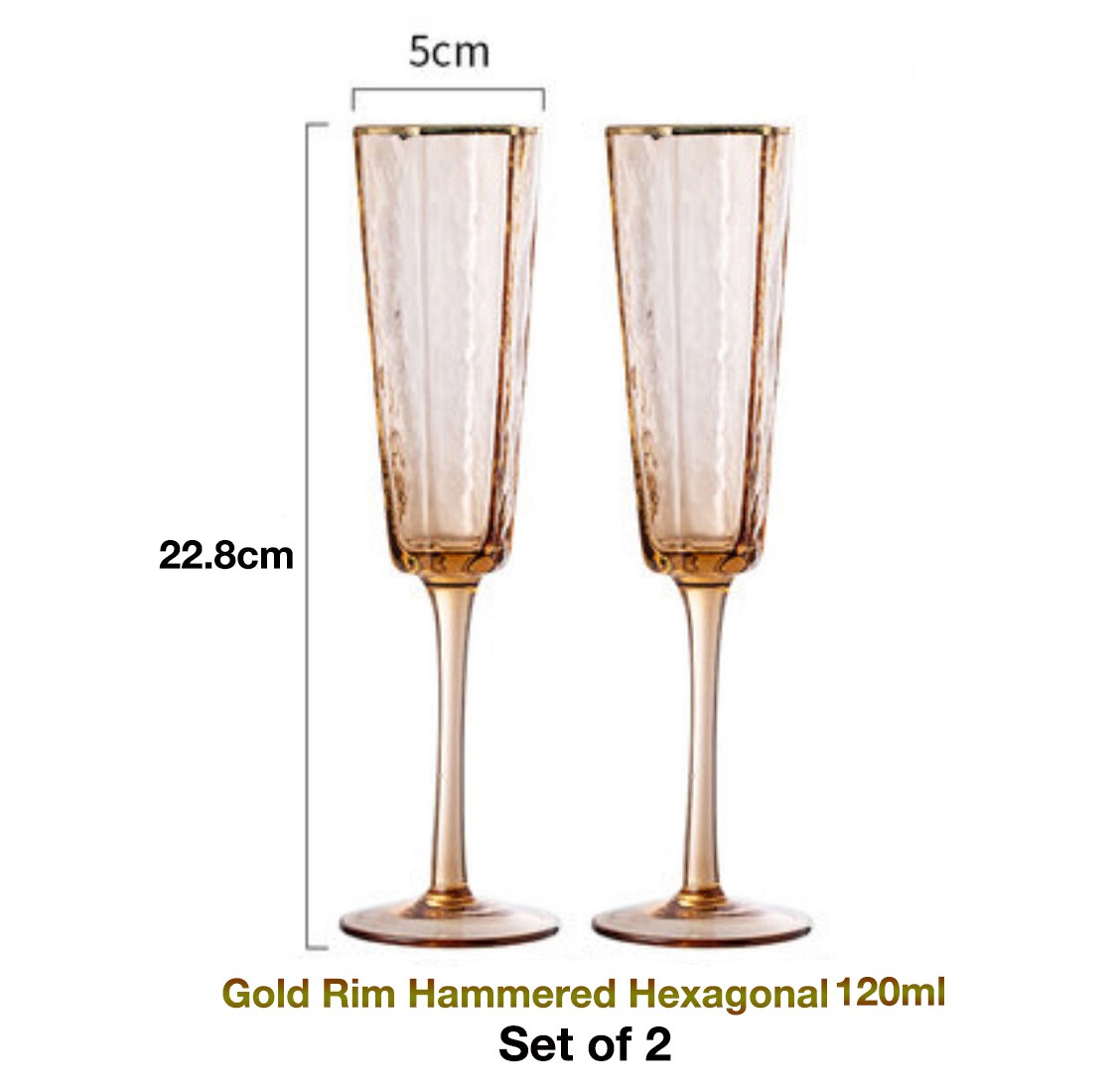 2 PCS Hexagonal Hammered Gold Rim Champagne Glass, Wine Glass,Whisky Glass, Water Glass Set of 2: 115ml set of 2
