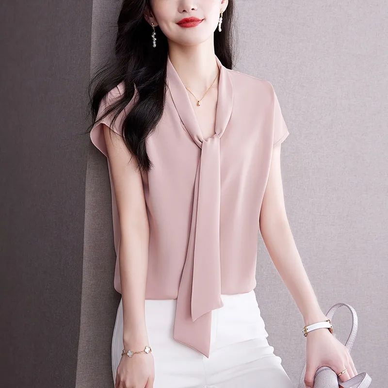 Blusa con pajarita para mujer, blusas elegantes OL, Tops de satén para mujer, ropa femenina de seda, blusa de manga corta de coreana 2023