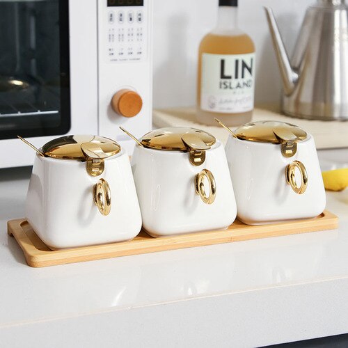 Kruidkruik Set Huishoudelijke Combinatie Zout Jar Kruiden Opbergdoos Keramische Keuken Kruiden Pot Peper Pot Met Deksel Cn (oorsprong): 3 white