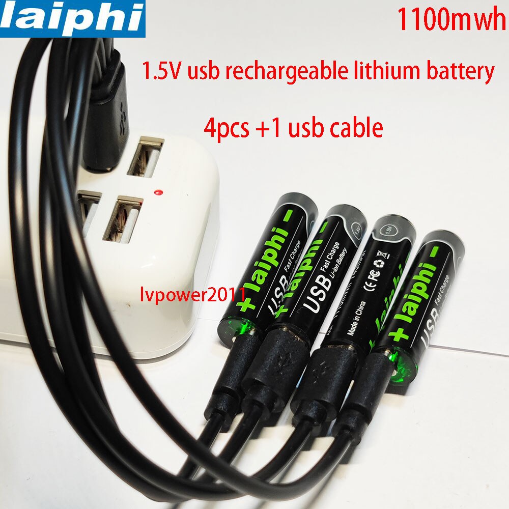 Laiphi-Batería de polímero de litio recargable por USB, Pila de li-ion de alta capacidad, AAA, 1,5 V, 1100mwh: 4AAA with usb cable