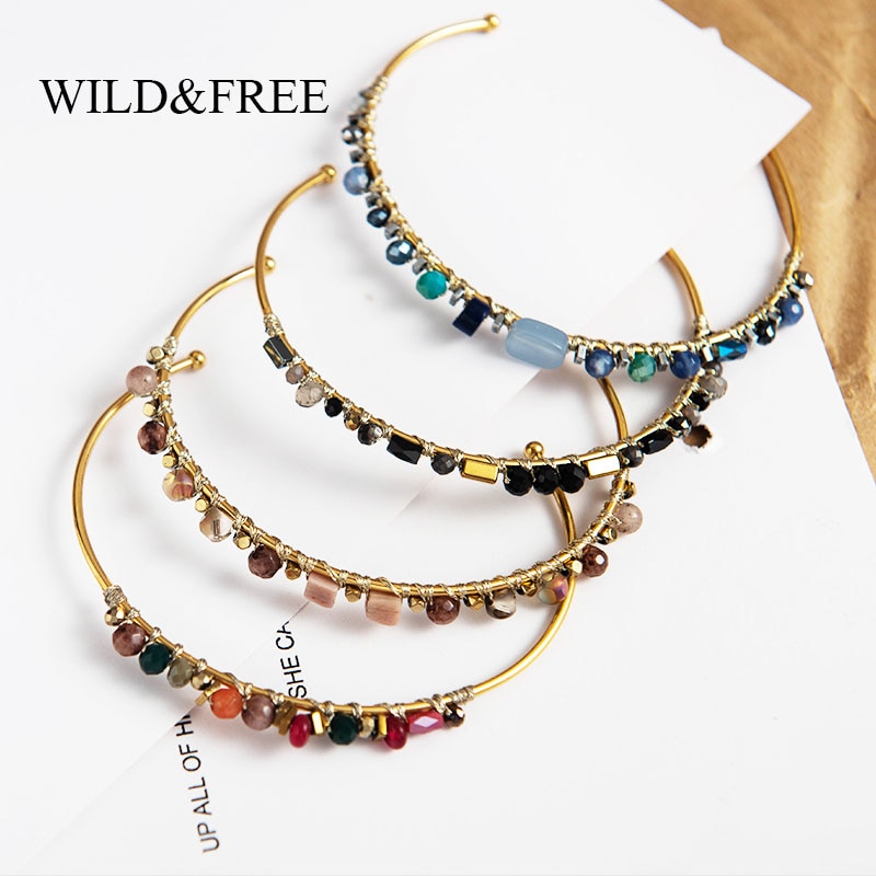 Wild & Gratis Handgemaakte Kleurrijke Natuursteen Kralen Armbanden Voor Vrouwen Goud Dunne Cirkel Armbanden Rvs Sieraden