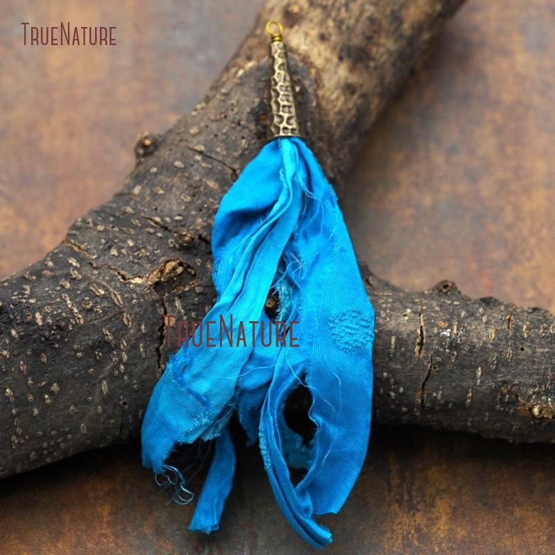 Large Sari Silk Tassel For Necklace Bracelet Making Bohemian Handmade Colorful Tassel Charm Bronze Cap In 5.4 inch PM7903: sea blue