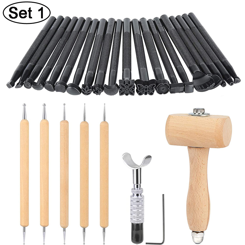 LMDZ Leather Craft Tools Kit Stitching Stamping Embossing Punch Saddle Groover Carving Hammer Set For Leather Working: Set 1 (27pcs)