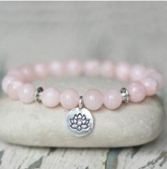 Bracelet Mala quartz Rose pour femmes, 8mm, breloque, perles roses, fleur de Lotus: 17 cm