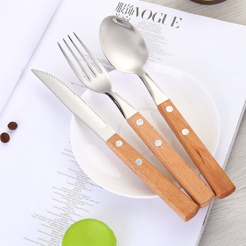 Rustfrit stål middagsske gaffel kniv bordservice metal spisestel træskaft bestik bryllup fest hotel køkken tilbehør