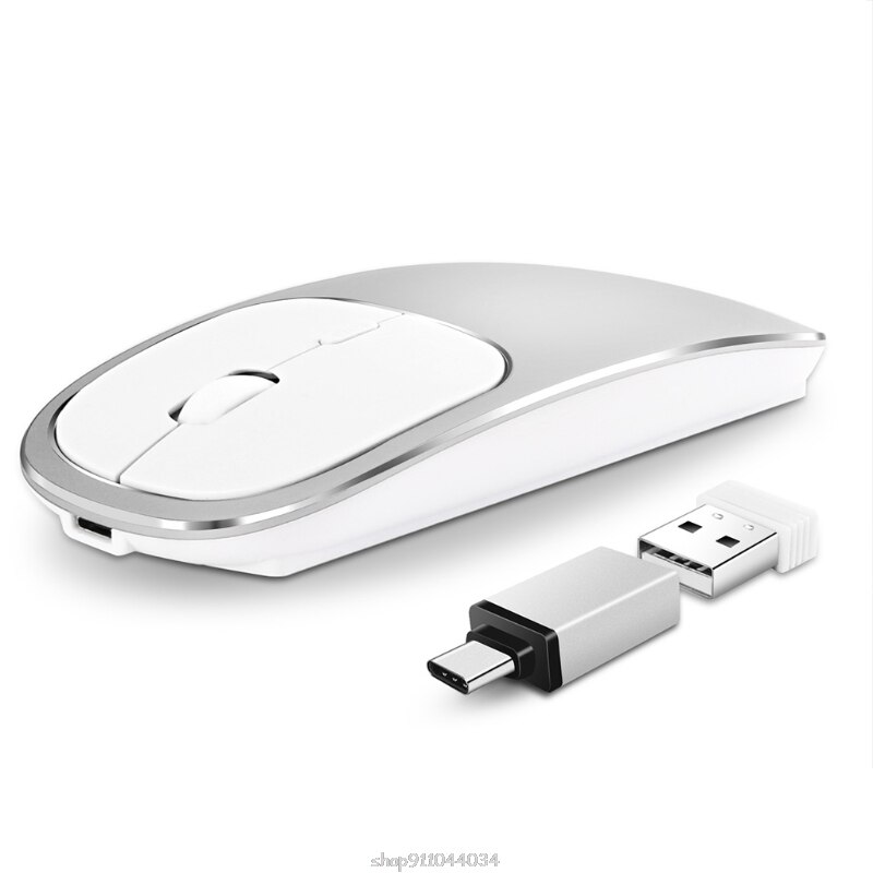 Universal Aluminum Rechargeable Optical Mice Type C + USB 2.4Ghz 1600DPI Wireless Mouse for Laptop PC Notebook Computer Mar25 21: Silver