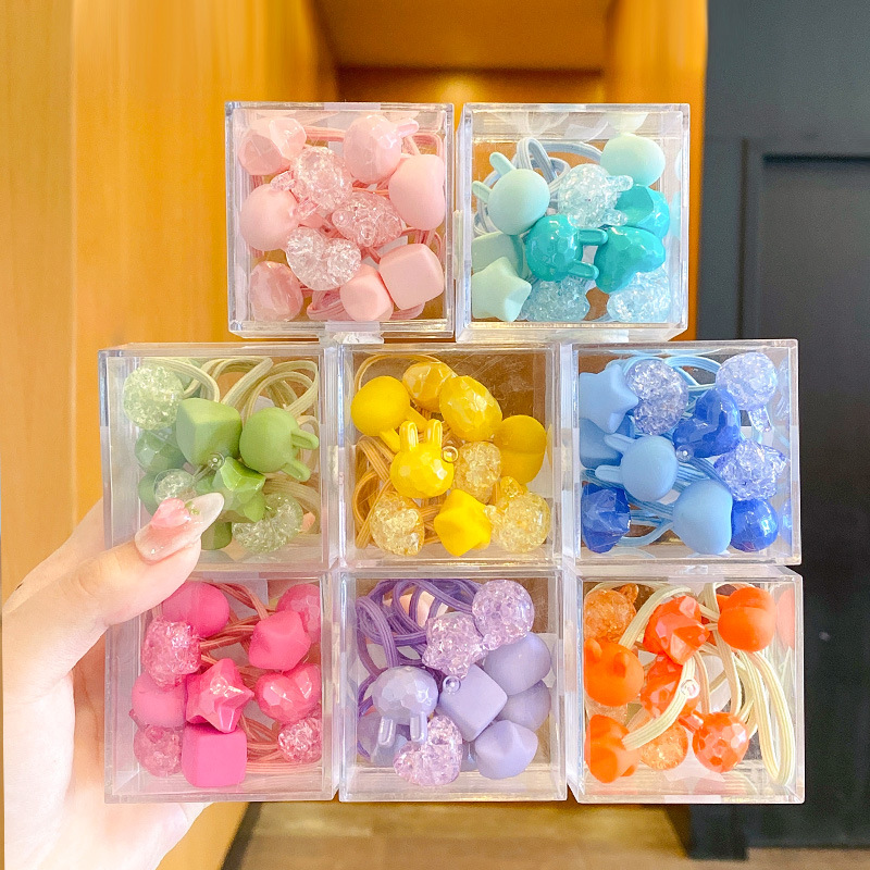 【Juego de 10 piezas】 tocados súper bonitos en caja, banda de goma para el pelo de dibujos animados para niños de color caramelo, tocado con bola de cristal