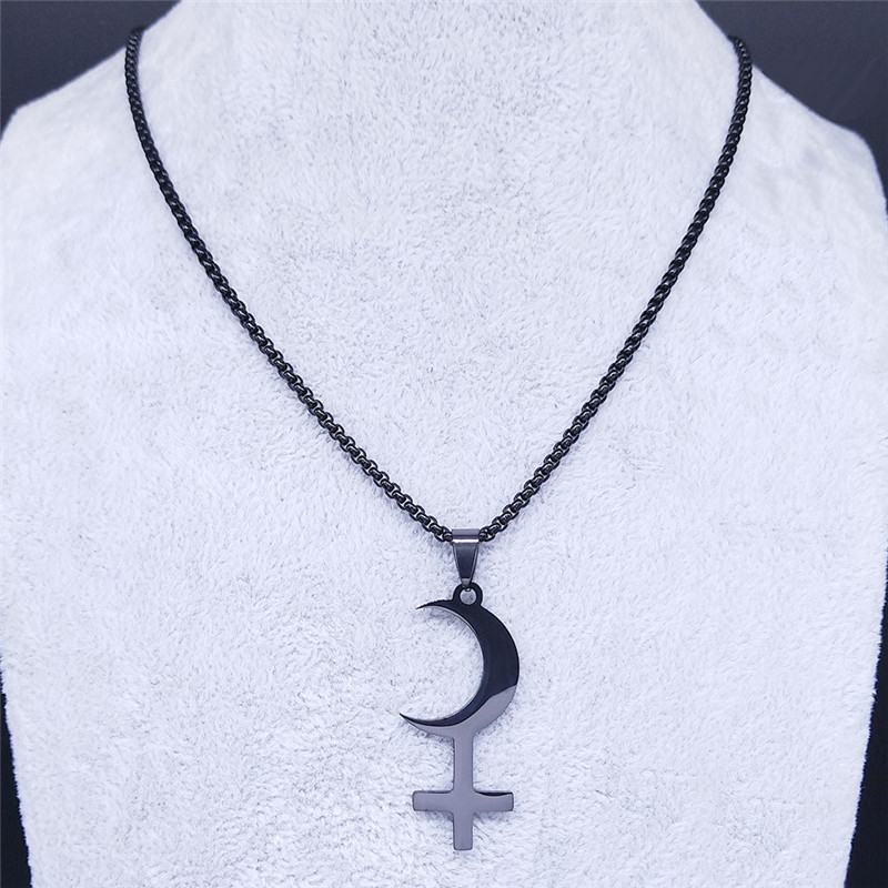 Lilith-collar con Cruz invertida de media luna, collares con signo de símbolo astrológico de acero inoxidable, joyería de Satán, cruz invertida N3776
