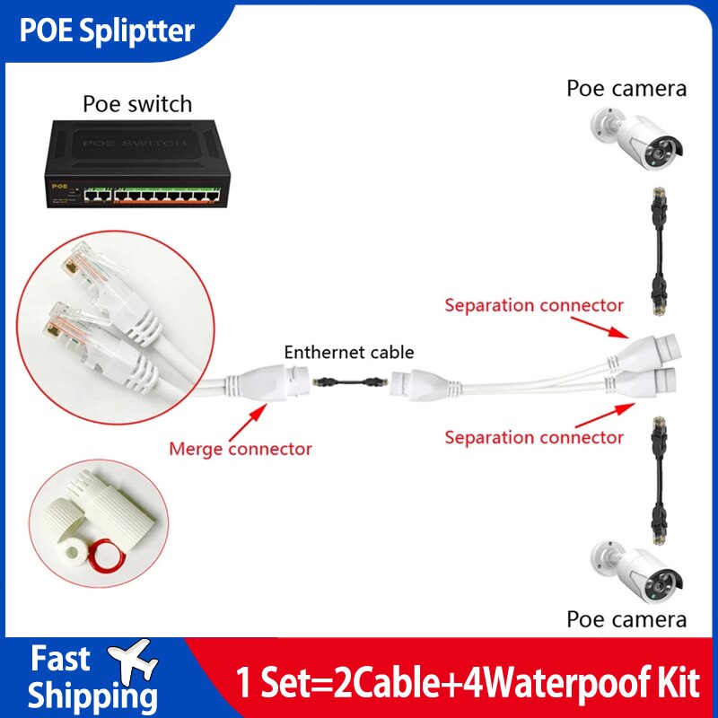 Conector de cableado de red 2 en 1, divisor PoE, conector RJ45 de tres vías con tapa impermeable para instalación de cámara de seguridad