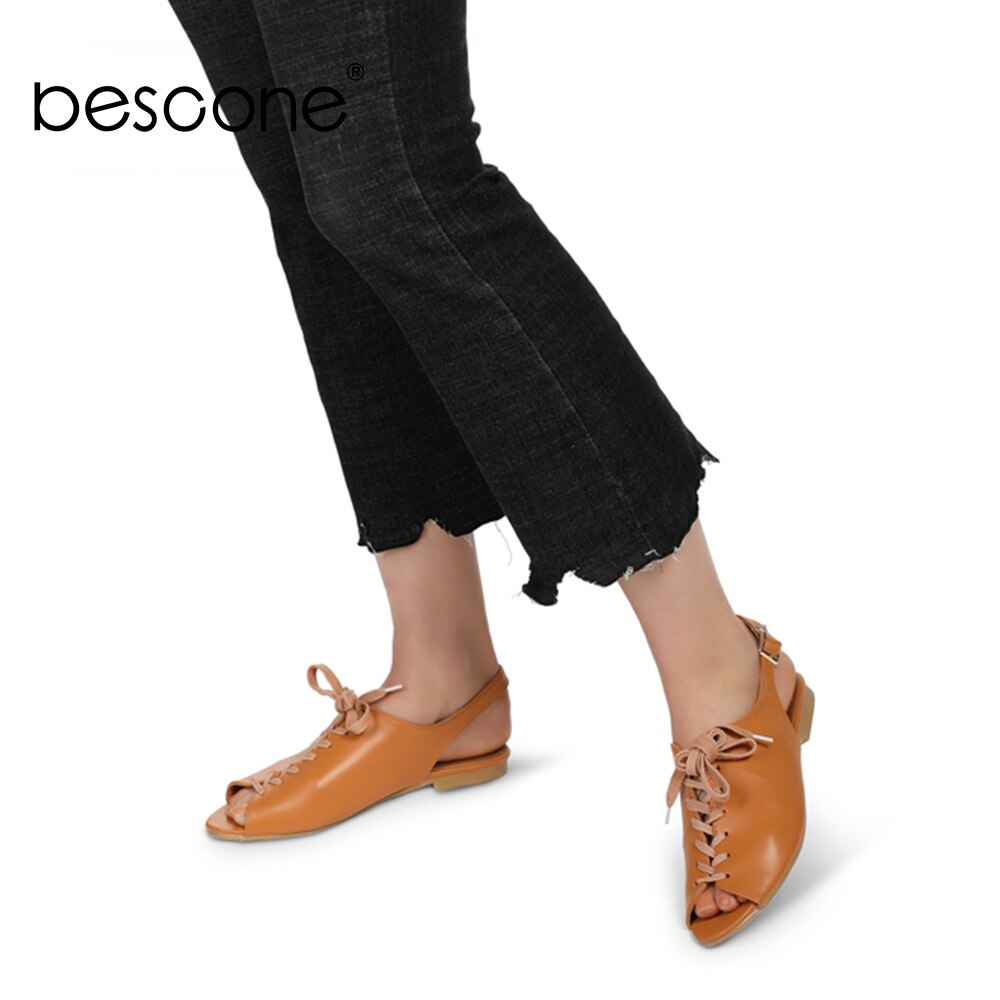 BESCONE Casual Women Sandals Peep Toe 1cm Flat With Slip-On Cross-Strap Buckle Decoration Shoes Solid Sandals BM388