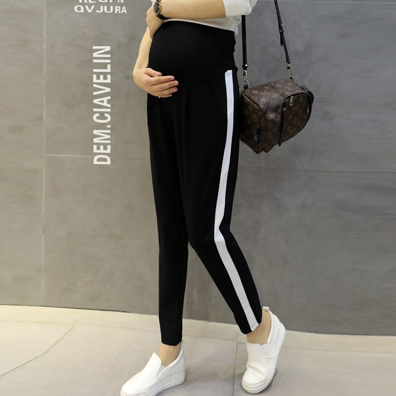 Leggings de forro polar dorado para mujeres embarazadas, pantalones de maternidad de retales a rayas laterales, terciopelo grueso, pantalones abdominales cálidos para invierno: White SIDE / XXL