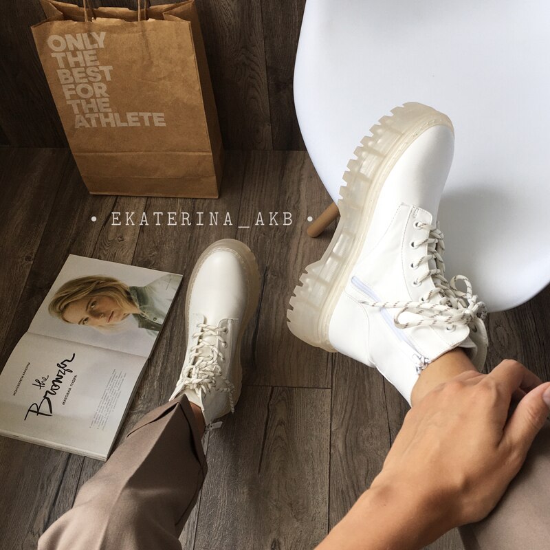 PVC Transparent talon bottines pour femmes blanc à lacets plate-forme bottes femmes automne INS femmes grosse moto bottes