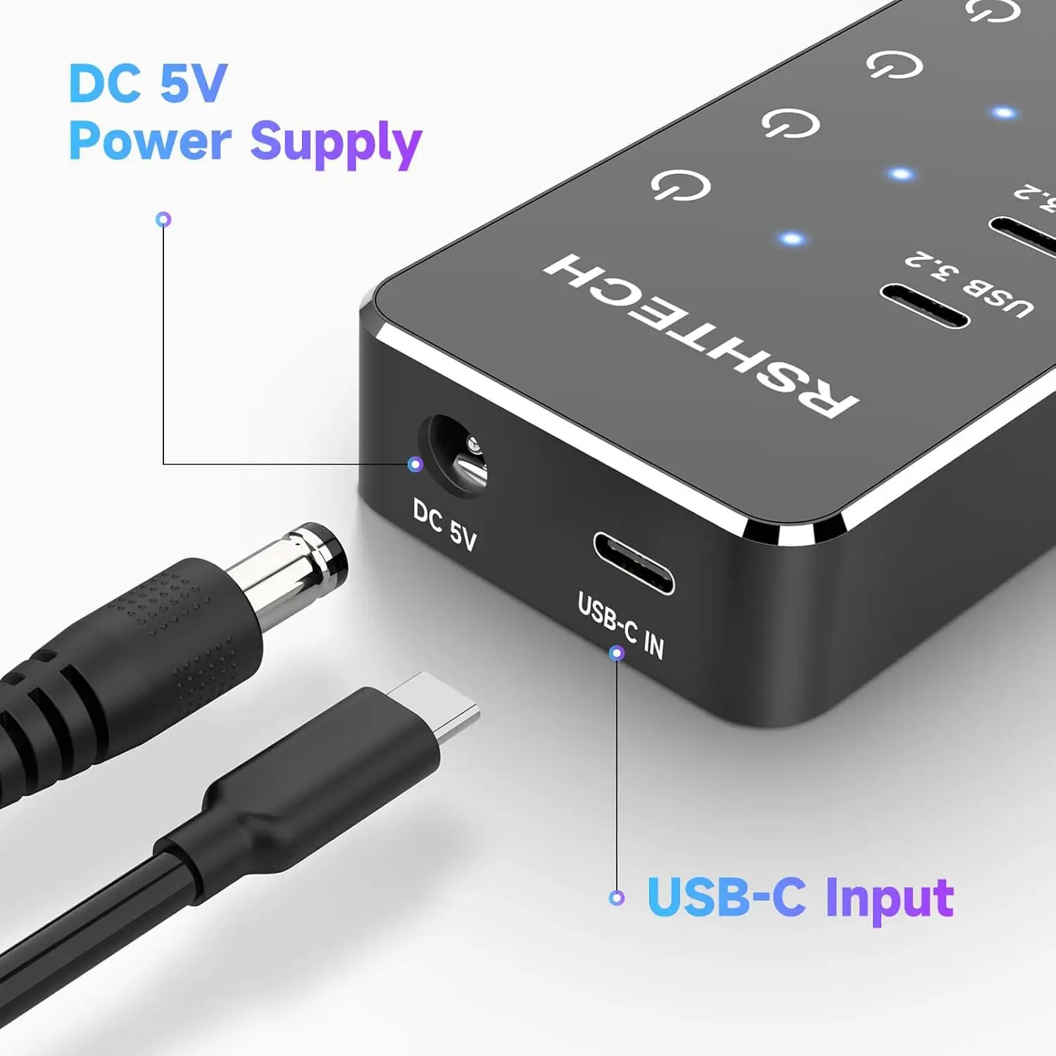 RSHTECH 7-portowy koncentrator USB C z portami USB-C 3.2 10 Gb/s Indywidualne przełączniki dotykowe Zasilacz 5 V/3 A Rozdzielacz USB do laptopa