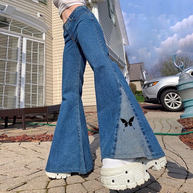 Damskie patchworkowe nadruk z motylem spodnie jeansowe Vintage Cyber Y2k workowate jeansy rozkloszowane 90s spodnie Harajuku Jogger nowa, w stylu Streetwear