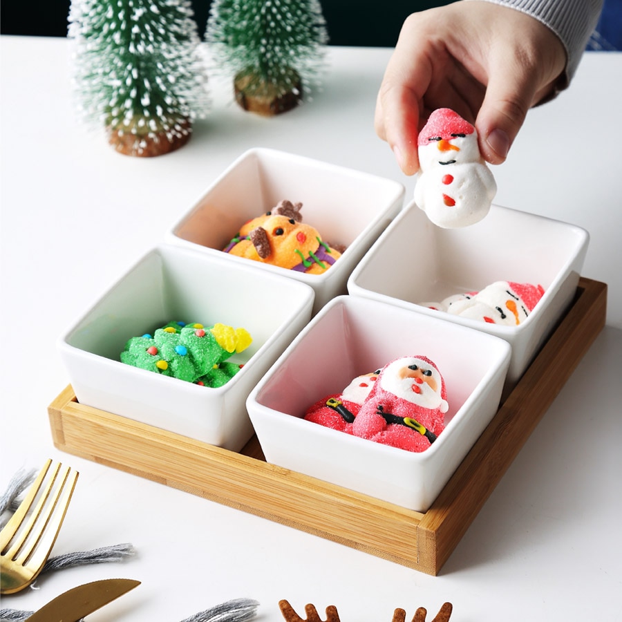 MUZITY-plato de cerámica para postres, Plato cuadrado para fruta con bandeja de bambú y madera, plato de porcelana para pastel o caramelo