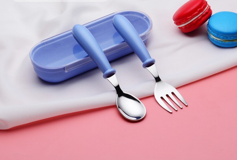 Zestaw sztućców dla dzieci ze stali nierdzewnej, łatwy w użyciu, 304 szt., widelec i łyżka, 2 szt., w jednolitym kolorze, łatwy w użyciu, w pudełku