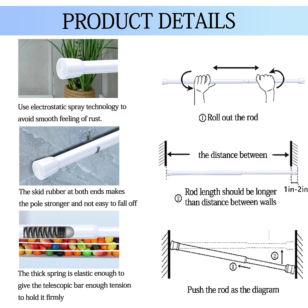Spring Tension Curtain Rods Durable Adjustable Length Hanging Extendable Telescopic Poles for Bathroom Kitchen Cupboard No Drill