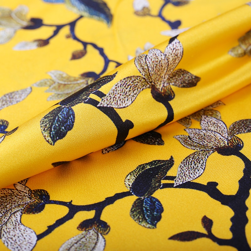 bright yellow floral print real natural silk fabric: 0.5 meter