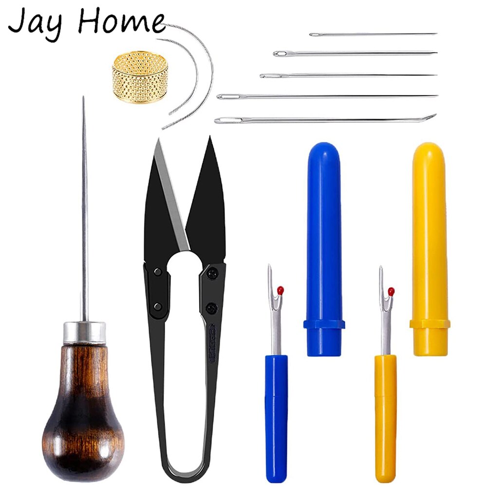 12Pcs Leather Sewing Tools Kit Curved Needles Gourd Awl Leathercraft U Scissors Seam Ripper for Quilting Repairing Stitching: Default Title