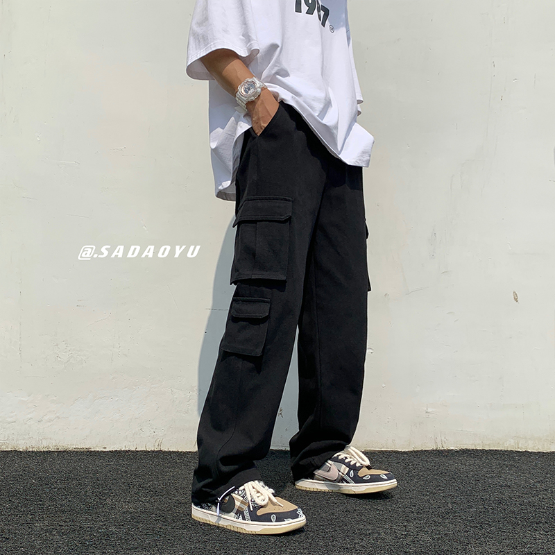 Black/white Casual Pants Men&#39;s Loose Straight Wide Leg Pants Men Streetwear Hip-hop Pocket Cargo Pants Mens Trousers: M / Black