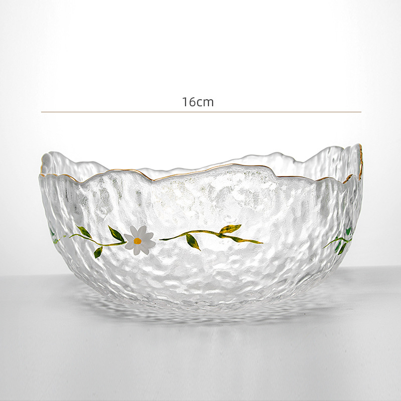 Cool Summer Hammer Mesh Glass Fruit Daisy Plate Salad Bowl Hand-painted Glass Tableware Dinner Set Plates and Dishes: Golden edge Medium