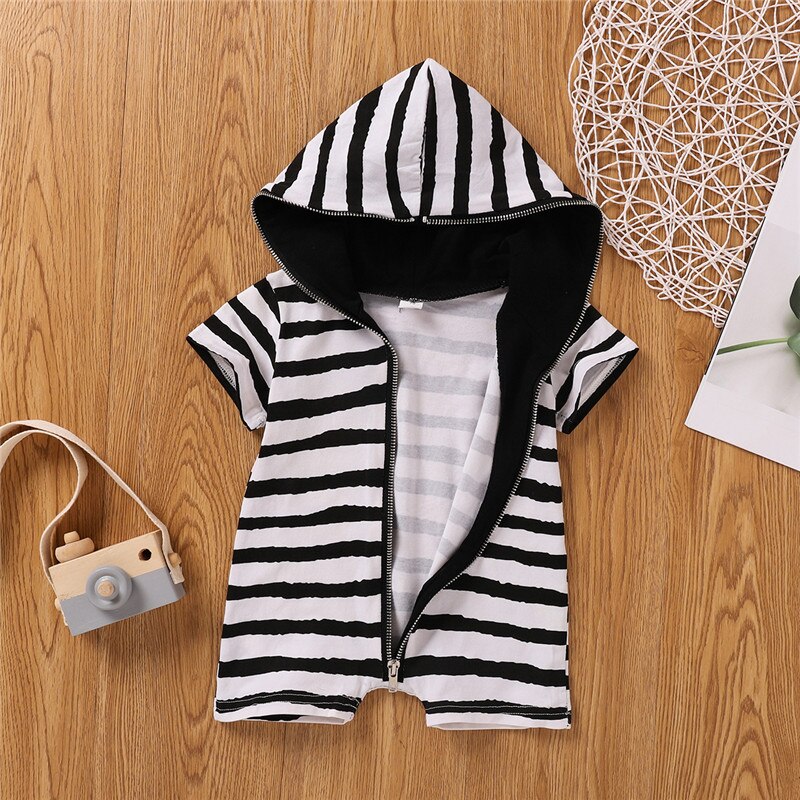 Infant Short Sleeve Romper Summer Baby Black White Stripe Patterns Zipper Open Front Hooded Jumpsuit for Boys and Girls