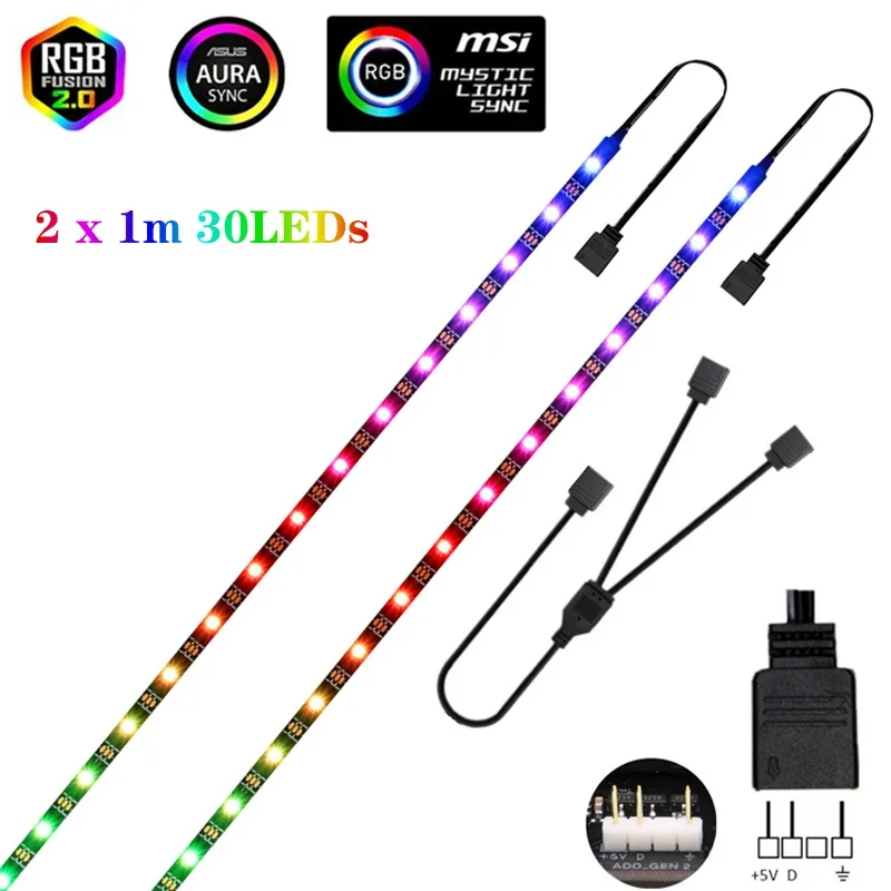 Bande lumineuse LED RGB WS2812B, 5V, 3 broches, adressable, pour ASUS AURA SYNC, MSI Mystic Light Sync, GIGABYTE