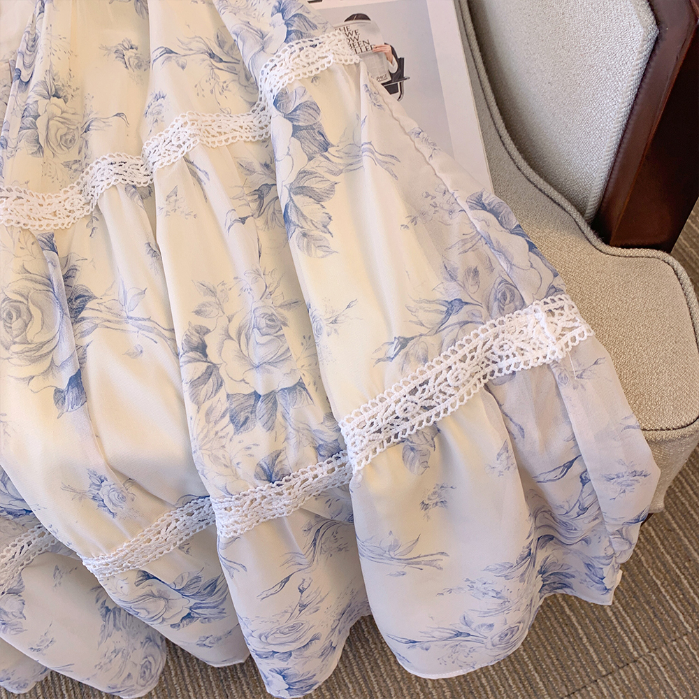 Plus-size women's summer casual commute loose comfortable dress chiffon print square collar lace-up with petal sleeves dress big