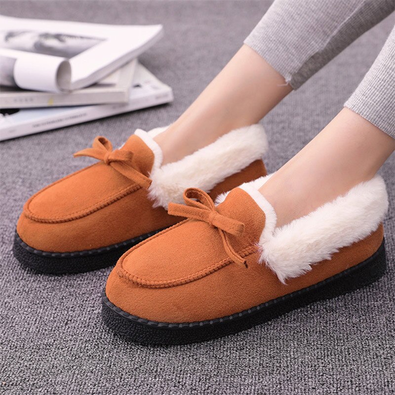 Kvinnor vinter tofflor skor plysch varma lägenheter dam halkfri slip on casual bowtie komfort höst toffel kvinna: Kaki / 9